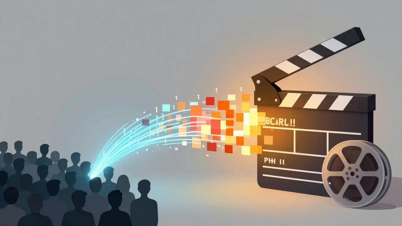 Abstract illustration of viewer data flowing into a film production process