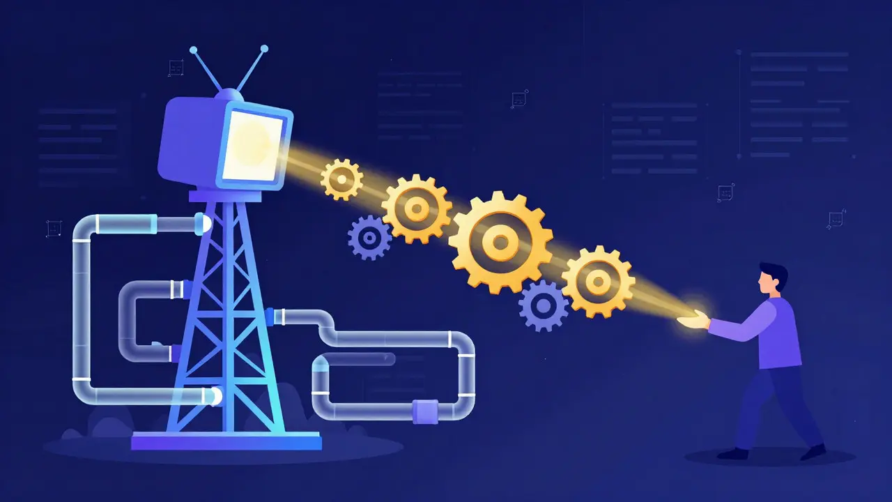 Abstract illustration showing golden streams flowing from a broadcast tower to a composer