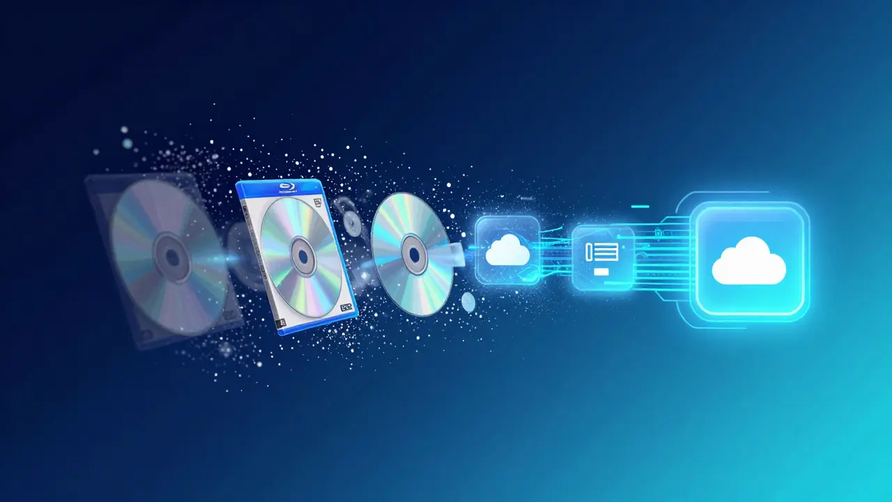 Abstract illustration showing physical DVDs transforming into digital data streams