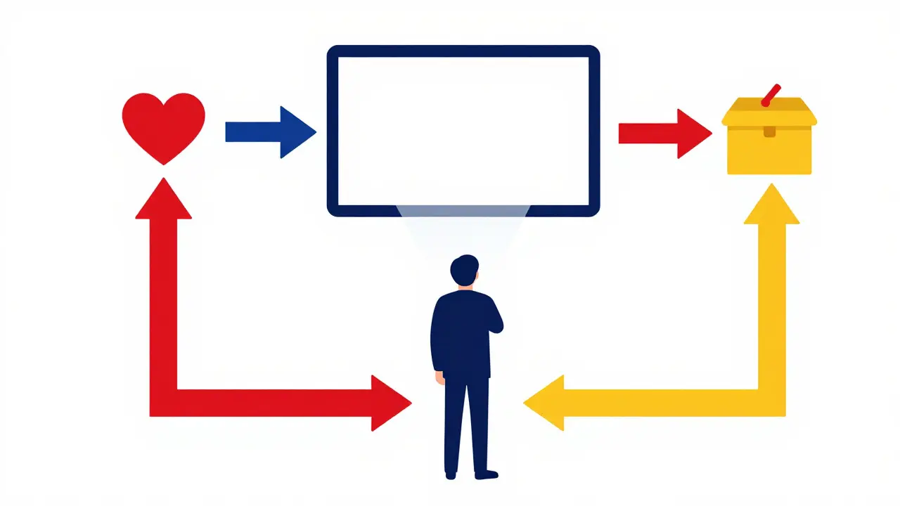 Abstract illustration showing viewer paths leading to emotion, sharing, and donations