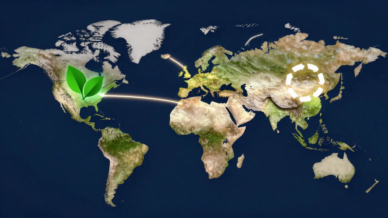 Abstract map showing global fragmentation of environmental regulations