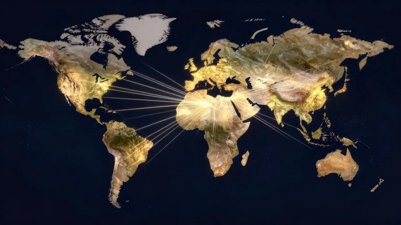 Abstract map showing glowing lines connecting continents to a central point