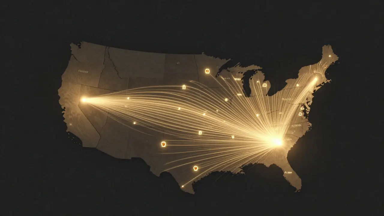 Abstract map showing staggered film release waves across US cities