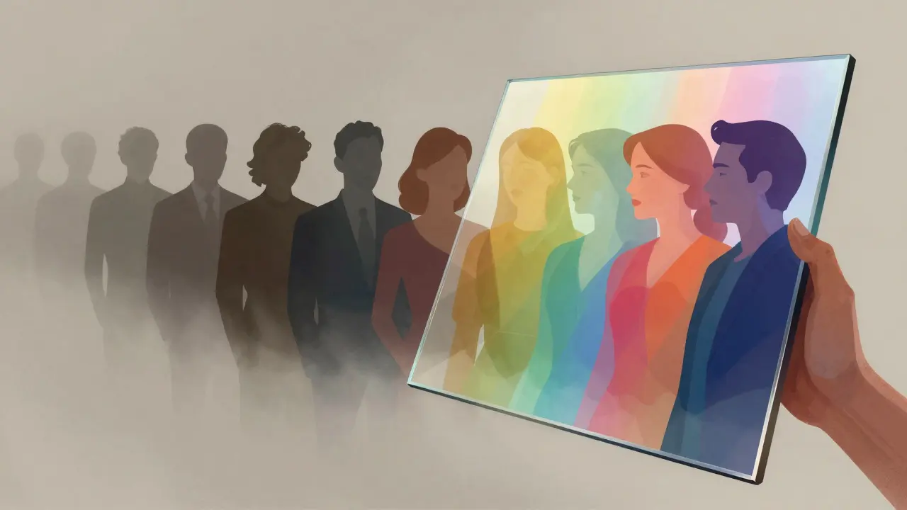 Abstract mirror reflecting evolving silhouettes transitioning from shadows to vibrant colors