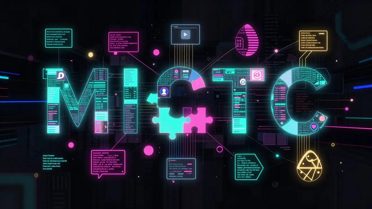 Abstract neon geometric shapes forming a digital puzzle in a dark void