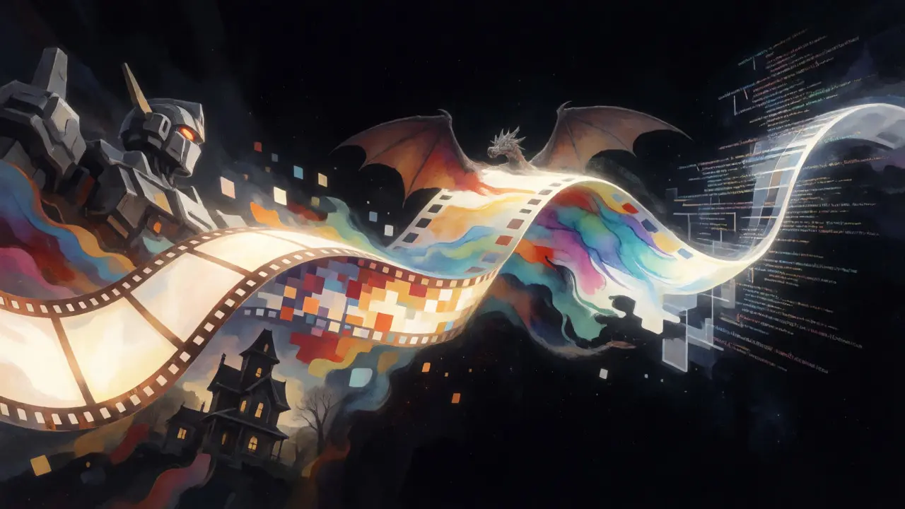 Abstract ribbon of light blending film, digital, and creative storytelling elements.