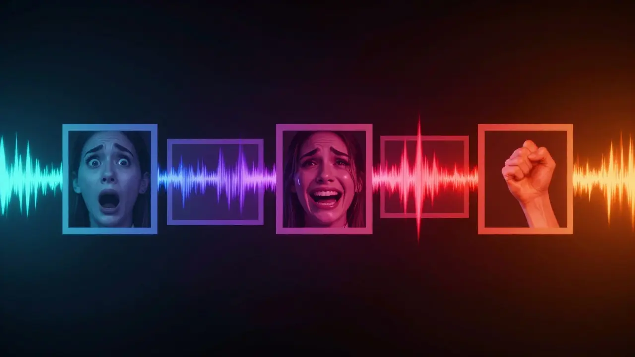 Abstract timeline of film frames showing escalating emotional intensity
