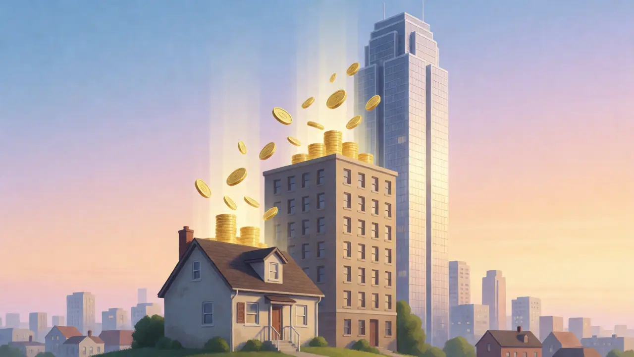 Abstract visual of film budget tiers rising like buildings