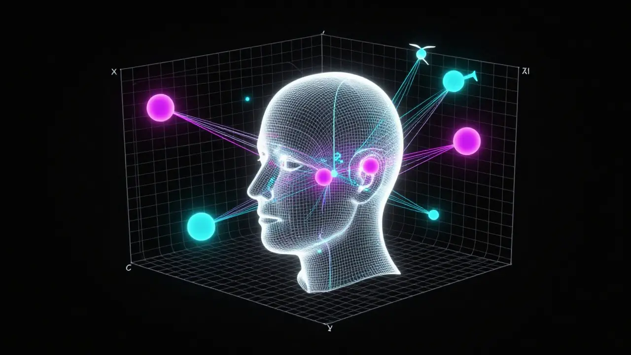 Abstract visualization of 3D audio coordinates with glowing sound objects surrounding a head profile