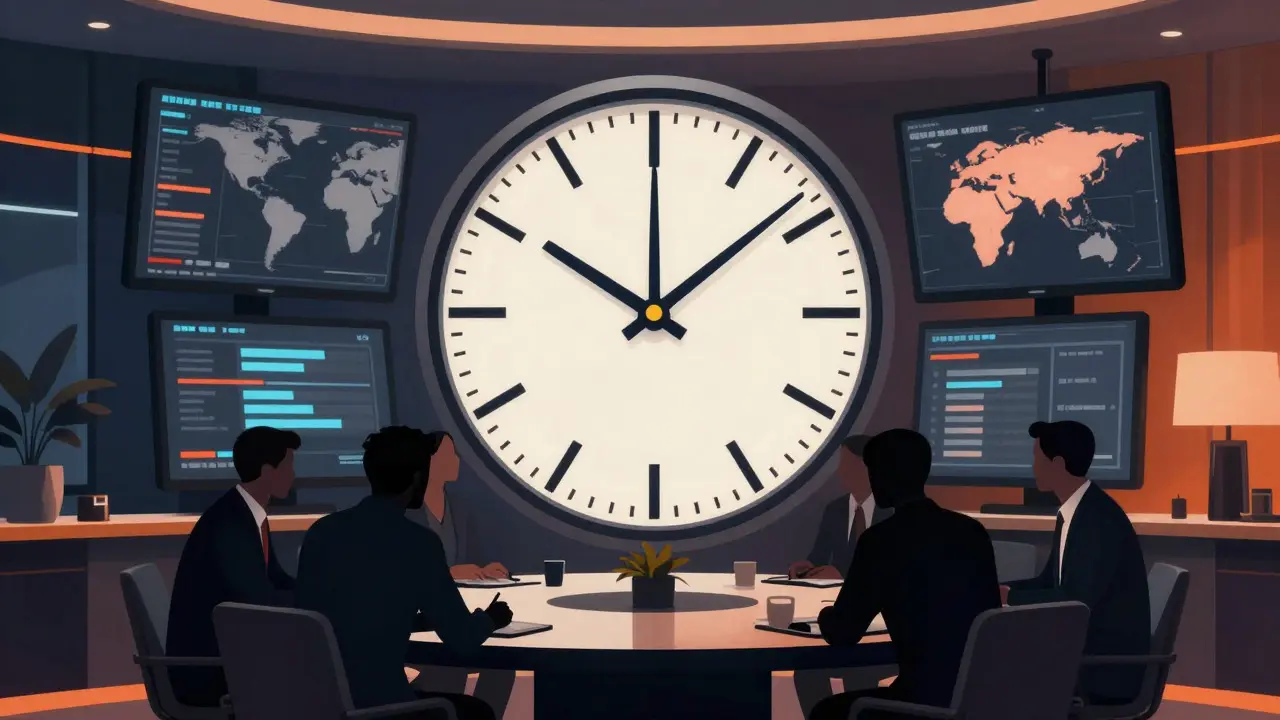 Abstract visualization of a film negotiation war room with a spinning clock symbolizing the 72-hour deadline