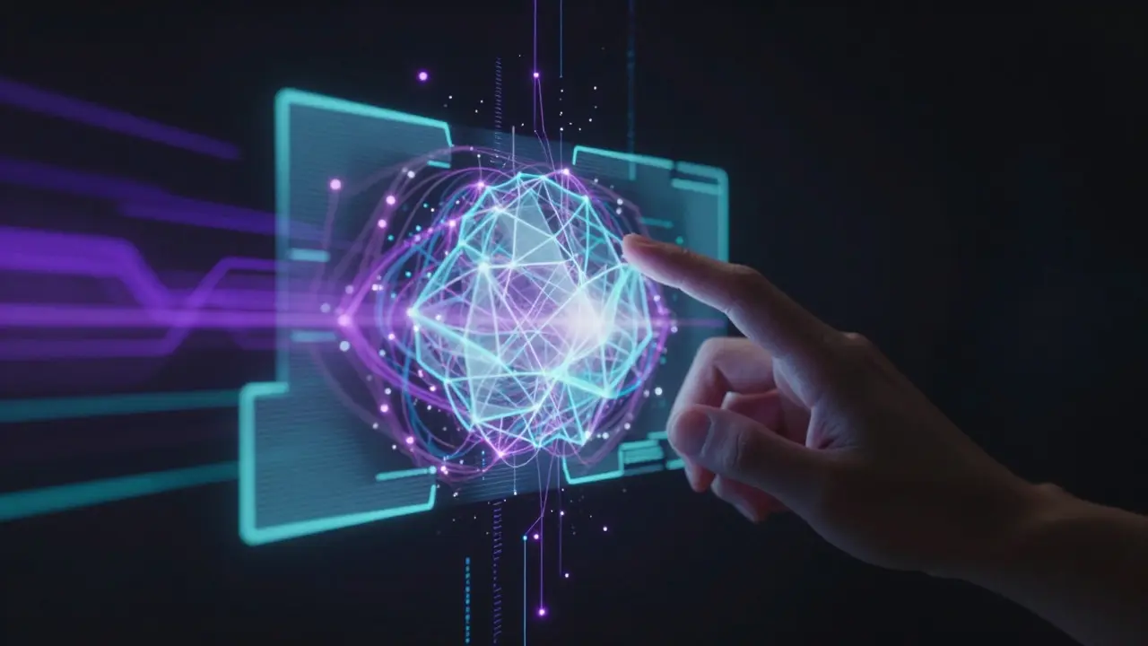Abstract visualization of a hand interacting with holographic light particles representing AI rendering
