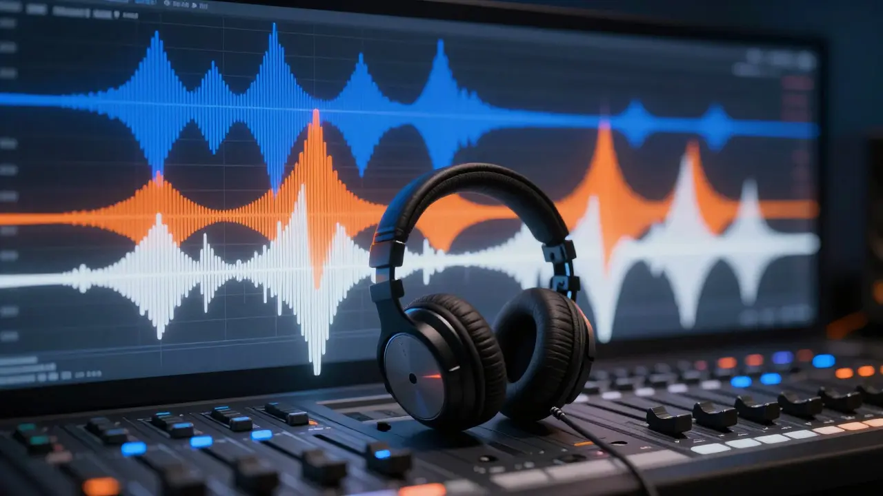 Abstract visualization of audio waveforms representing different sound layers