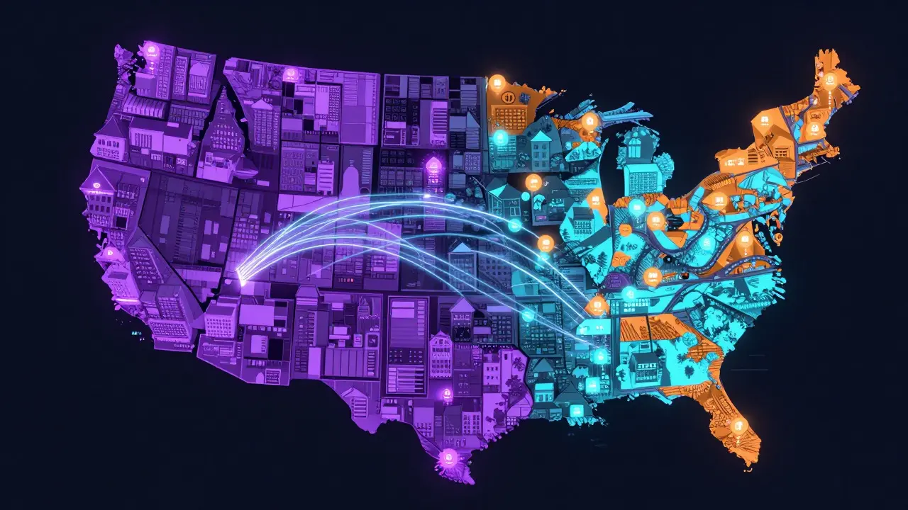 Abstract visualization of city grids showing data connections between different market zones