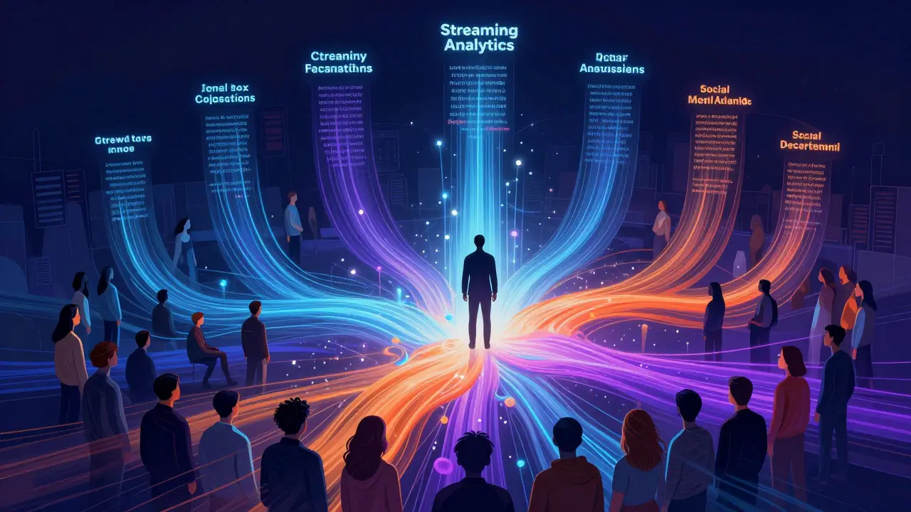 Abstract visualization of data streams merging into a diverse audience silhouette