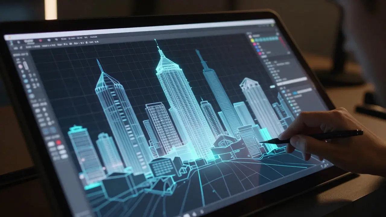 Abstract visualization of digital layers and wireframes in a VFX studio
