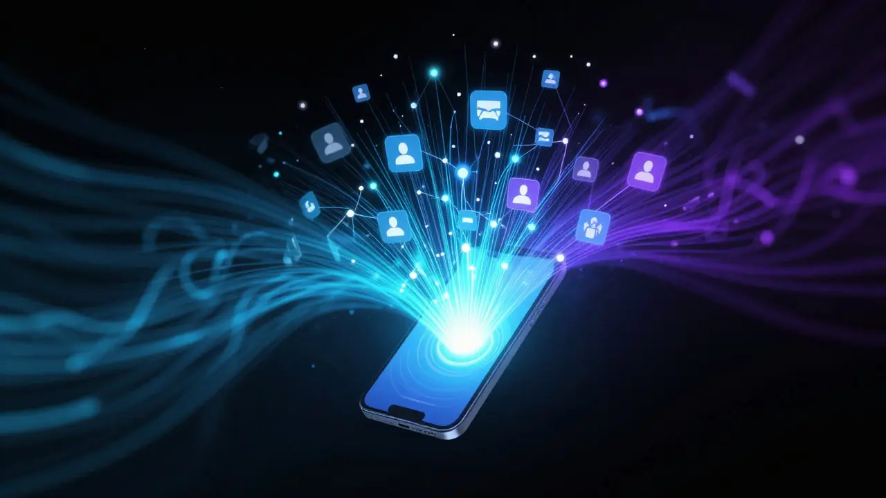 Abstract visualization of digital marketing data streams emanating from a smartphone