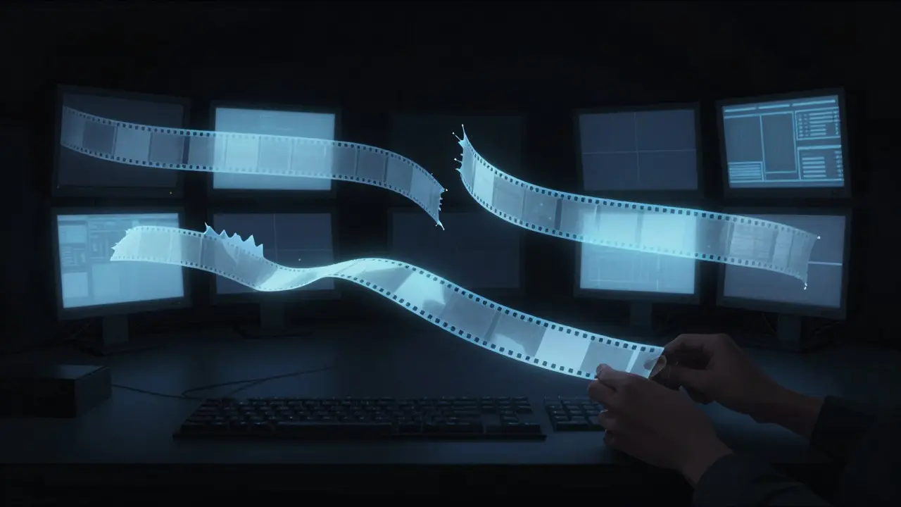 Abstract visualization of film editing with glowing strips of footage floating in a dark room