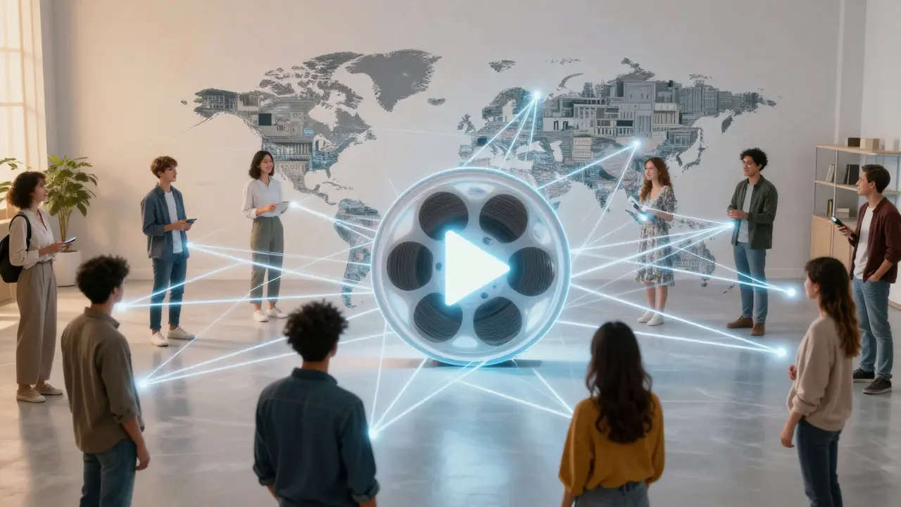 Abstract visualization of global viewers connected by digital light threads