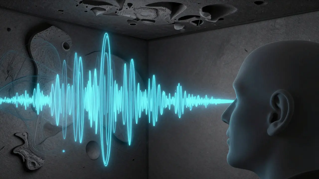 Abstract visualization of sound waves being absorbed and directed in a cinema room