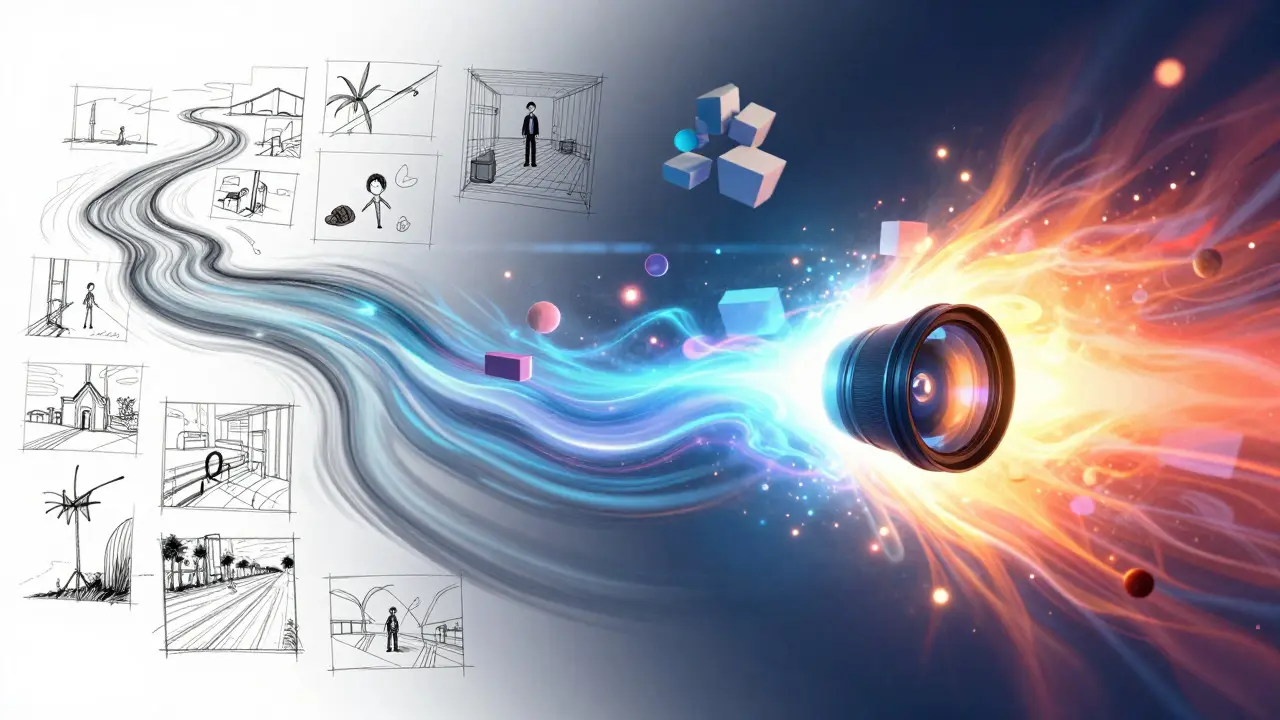 Abstract visualization of the film VFX pipeline transitioning from storyboards to final render.