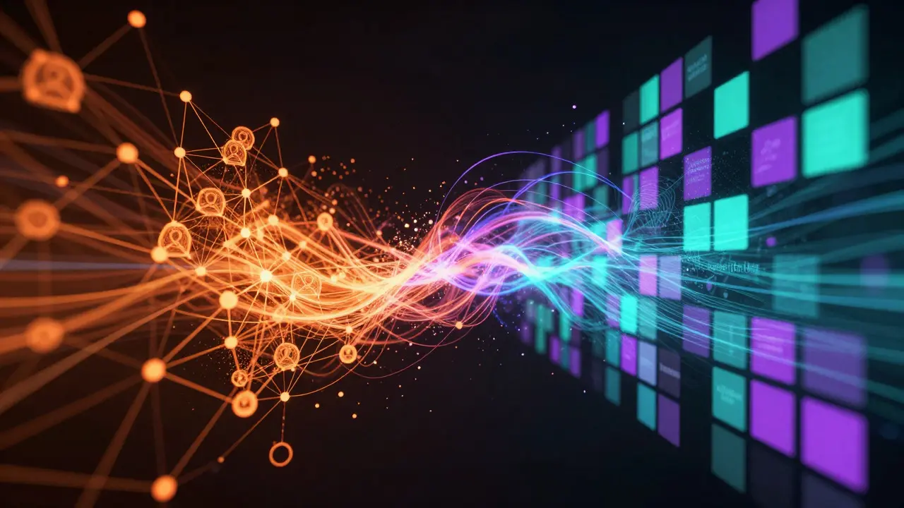 Abstract visualization of two data streams merging into a complex hybrid pattern