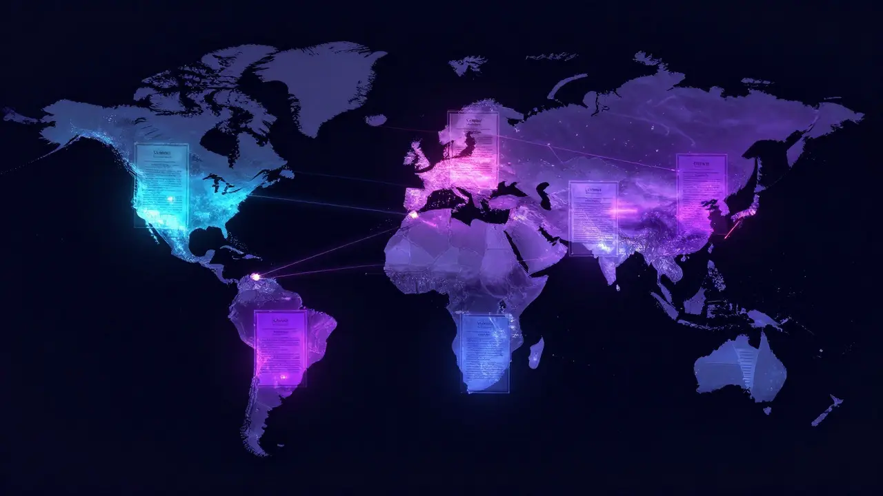 Abstract world map with glowing connections representing global film deals