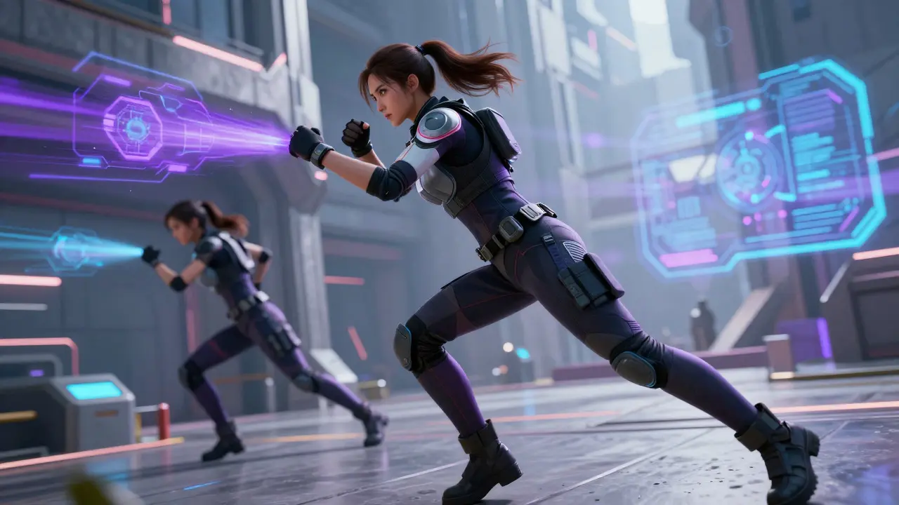 Action heroine fighting in a futuristic city with digital effects