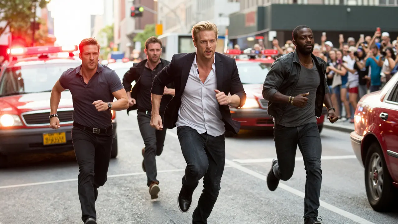 Action stars performing stunts on a busy street while fans watch
