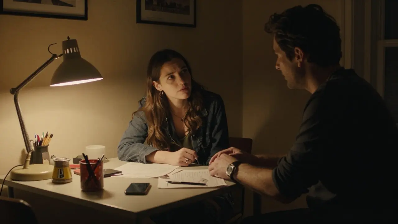 Actor and director having an intimate discussion in a dimly lit room