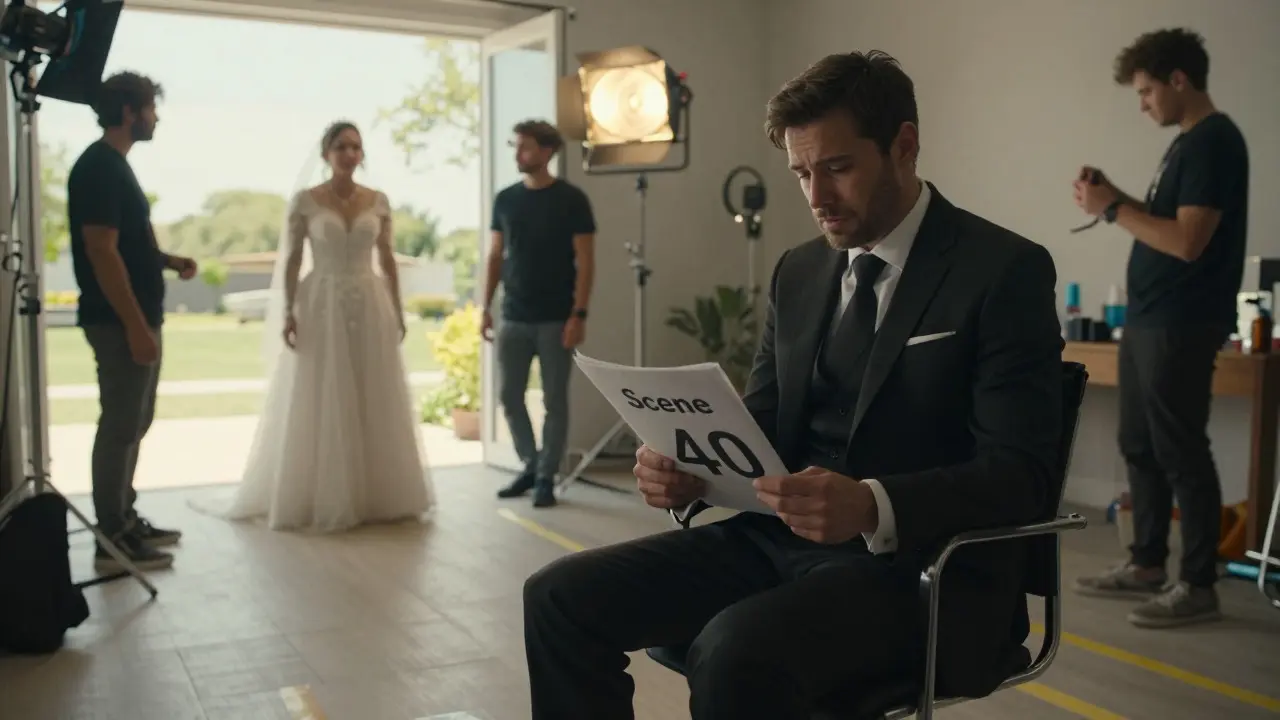Actor in funeral suit on set preparing for a grief scene amidst wedding setup.