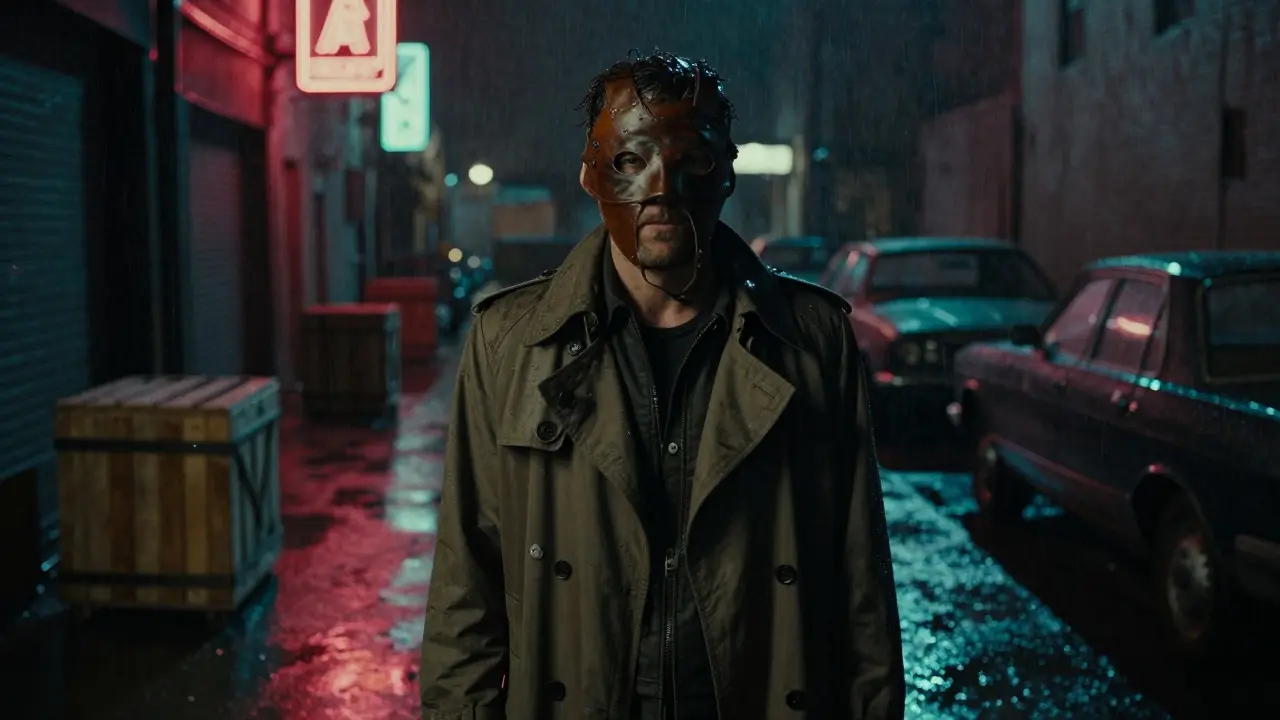 Actor in homemade costume standing in a rainy, neon-lit urban alleyway