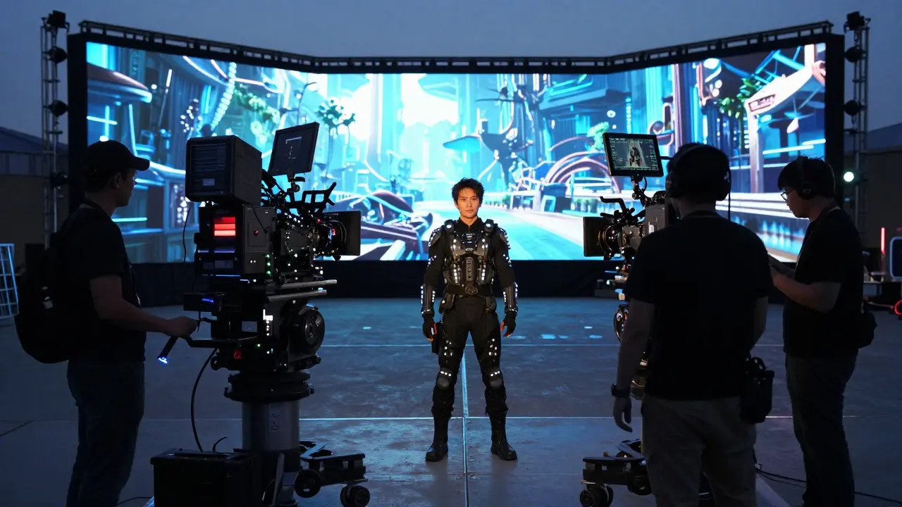 Actor in motion capture suit on a high-tech film set at dusk