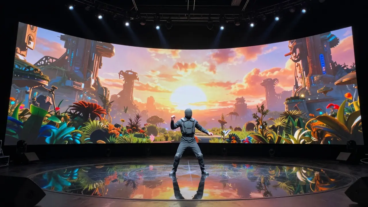 Actor performing in front of a large virtual production LED wall
