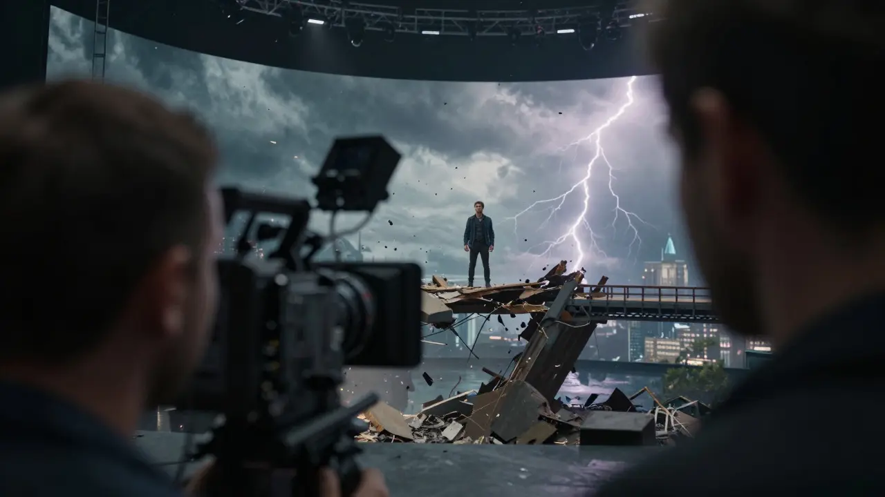 Actor performing on a bridge set inside a virtual production LED volume