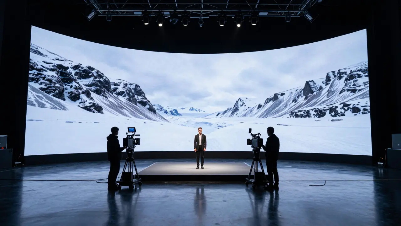 Actor performing on a virtual production stage with LED background
