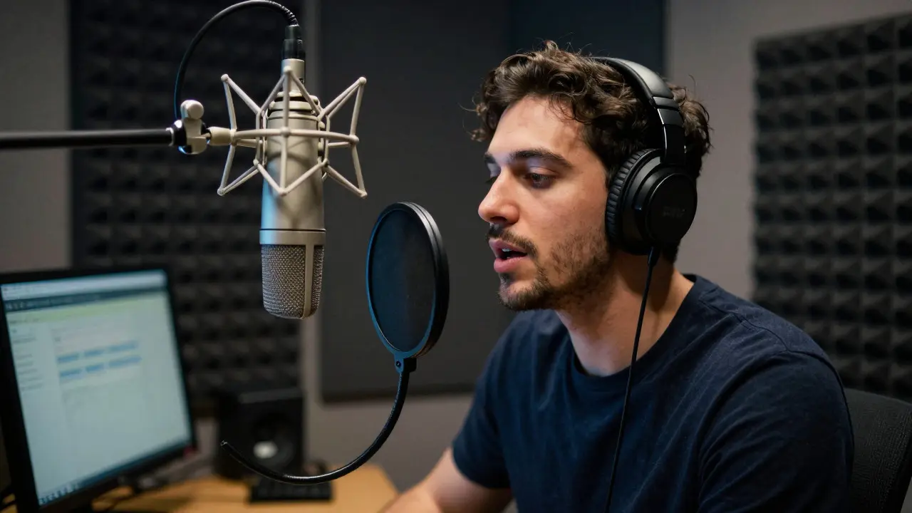 Actor recording dialogue in a soundproofed ADR studio booth with a large microphone