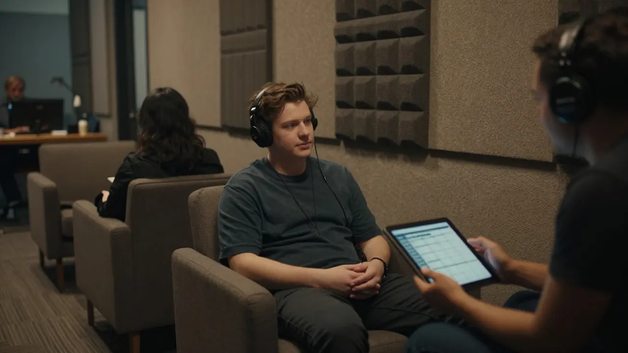 Actor resting in a quiet, soundproofed area with noise-canceling headphones
