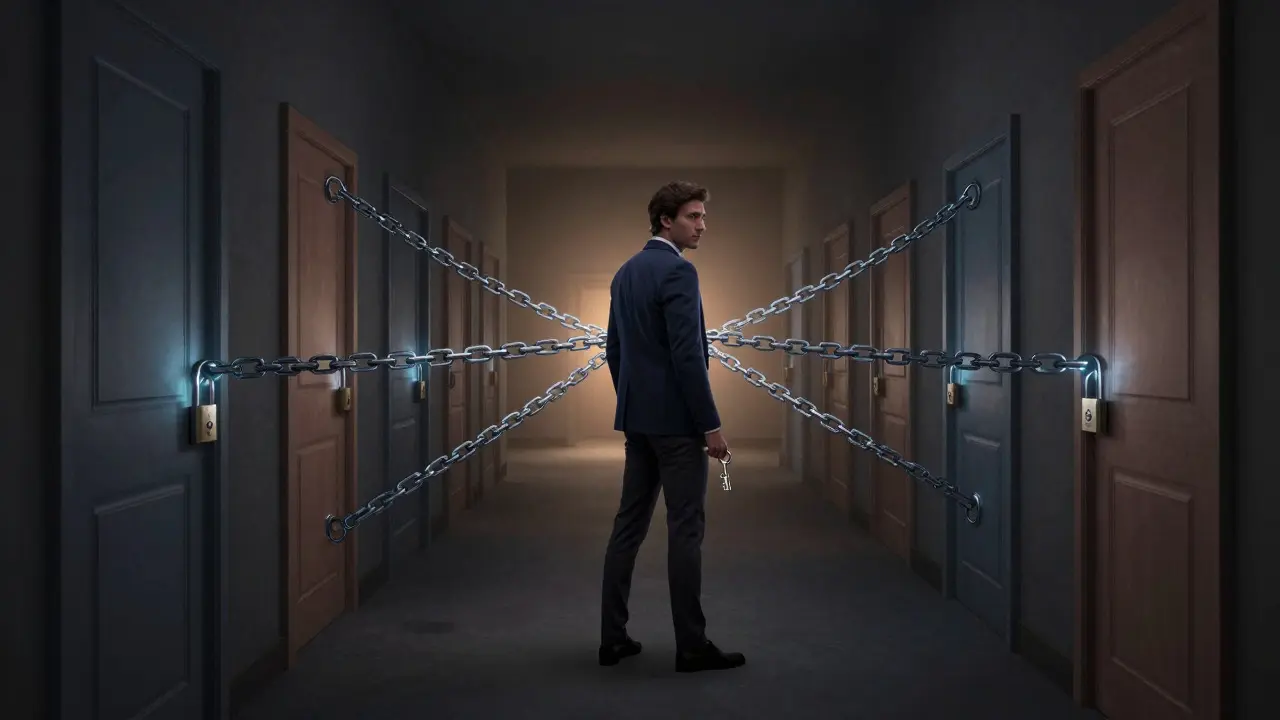 Actor standing in a corridor with locked doors connected by glowing chains