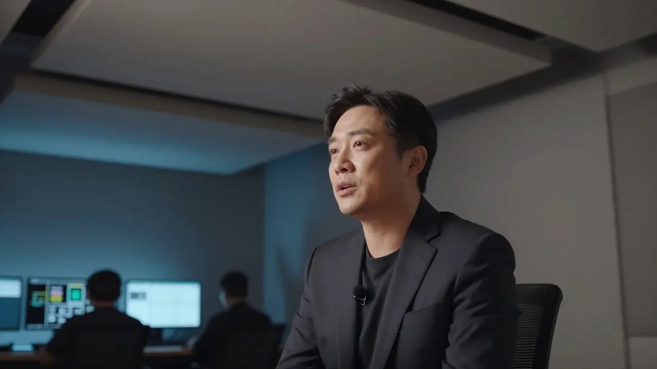 Actor wearing a hidden lavalier microphone in a studio with acoustic panels