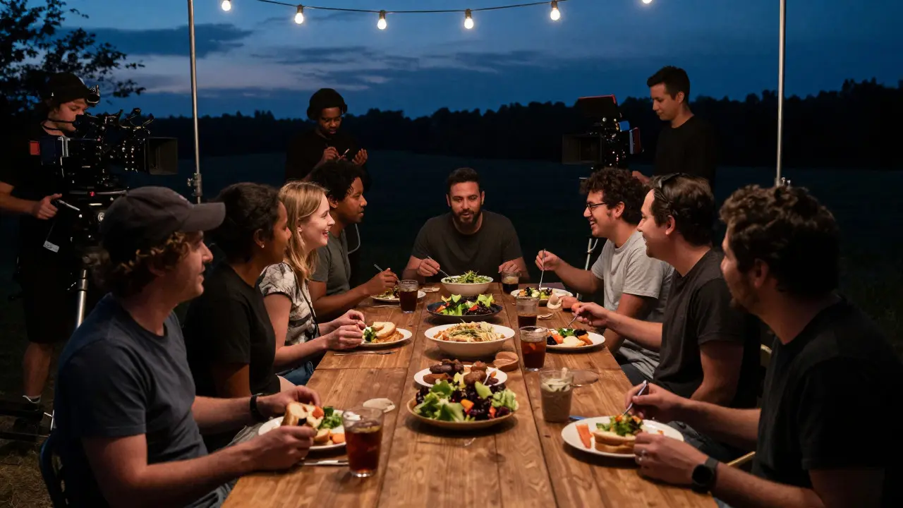 Actors and crew sharing dinner together on a film set