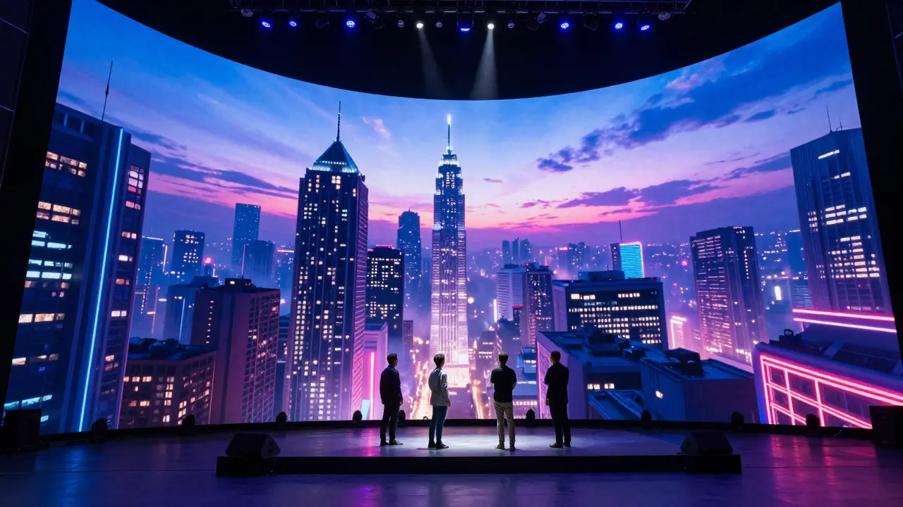 Actors performing in front of a large LED wall displaying a digital city