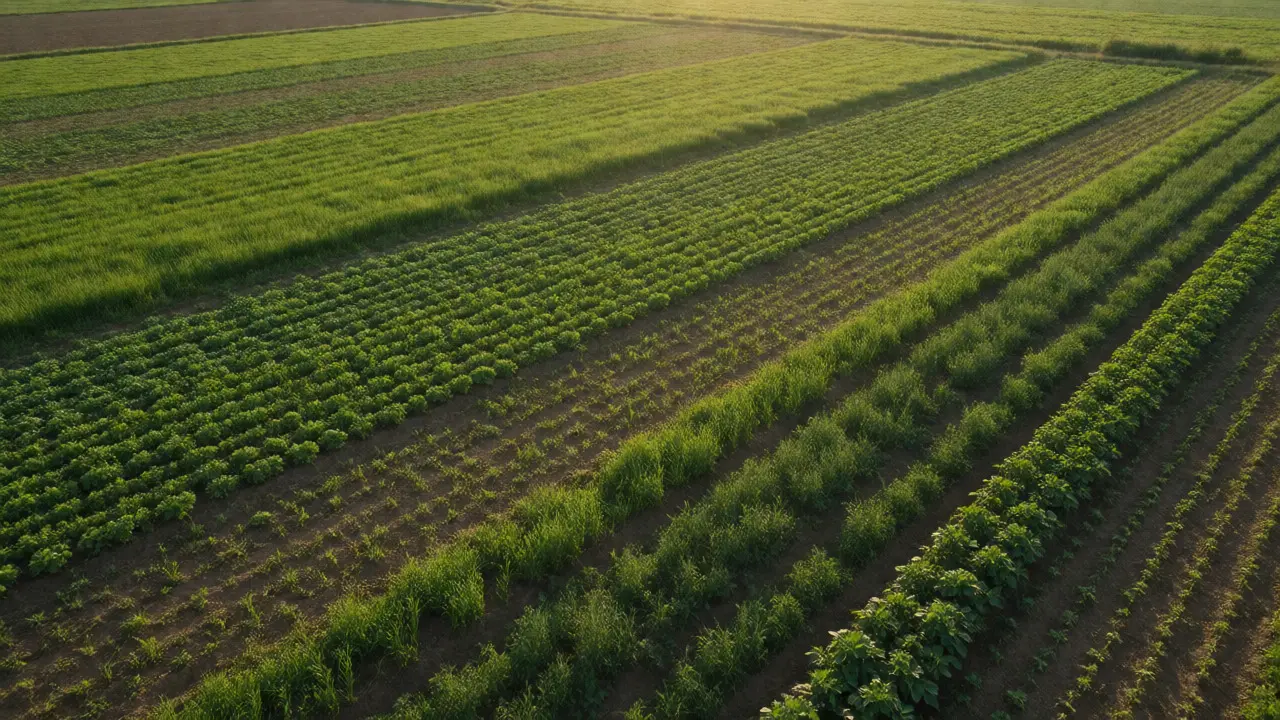 Aerial view of regenerative agriculture fields with cover crops