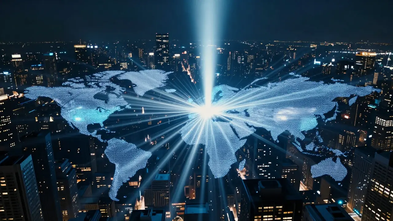 Aerial view of synchronized light beams connecting cities globally at night