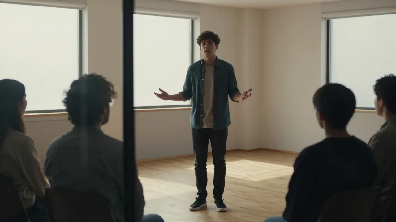An actor performing emotionally in an audition room while being observed