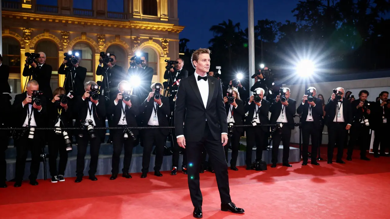 An actor walking a red carpet surrounded by flashing cameras at a film festival