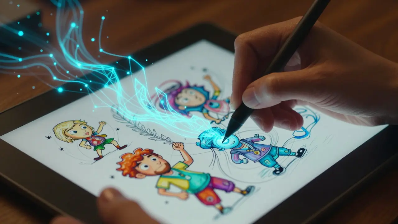 An animator's hand drawing on a tablet with glowing digital data streams merging into the artwork