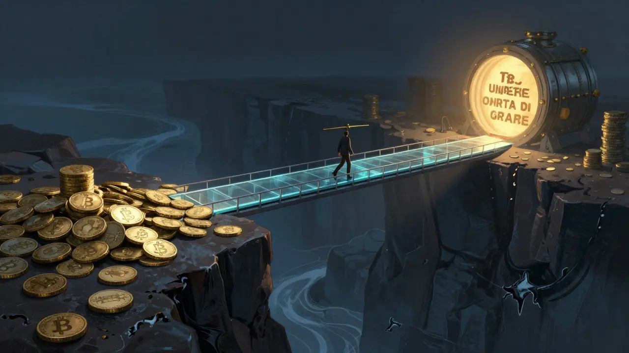 An artistic depiction of a figure crossing a fragile bridge between immediate costs and delayed funds