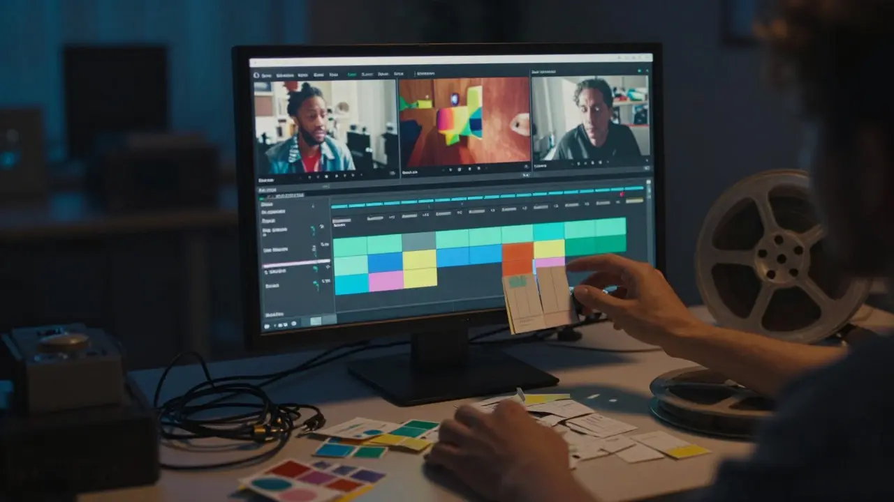 An artistic depiction of hands organizing abstract video clips on a glowing editing timeline