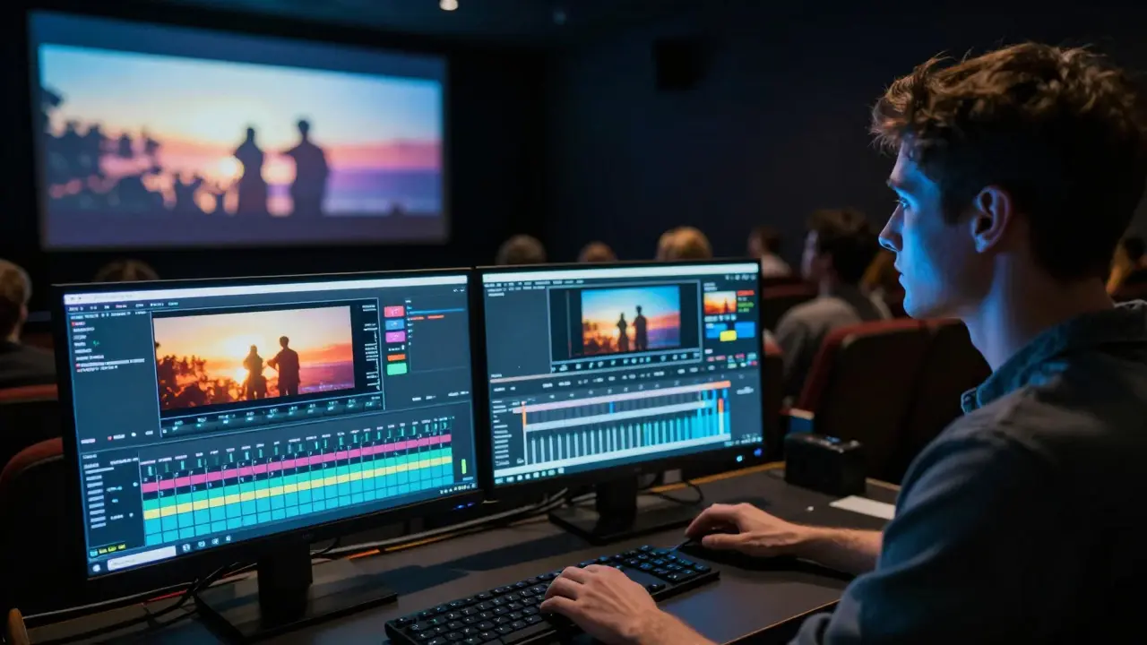 An editor grading footage on a monitor while a blurred movie theater audience watches in the background.