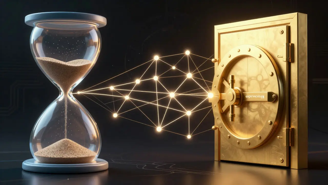 An hourglass and a vault connected by a web of light, symbolizing rights ownership